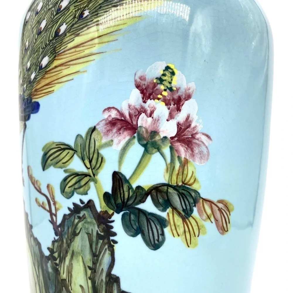 Vintage Taiwan Rocporcelain Peacock Hand Painted Large Floor Vase